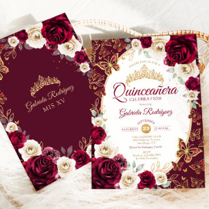 Invitation Burgundy Crème Or Floral Chic Quinceanera