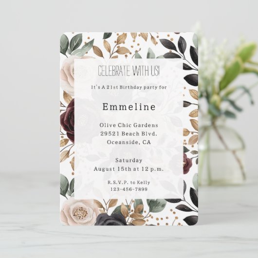 Invitation Burgundy Crème Rouge Floral Anniversaire (Debout devant)