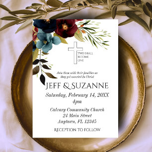 Invitation Burgundy Croix Florale Bleue Deux deviennent un Ma