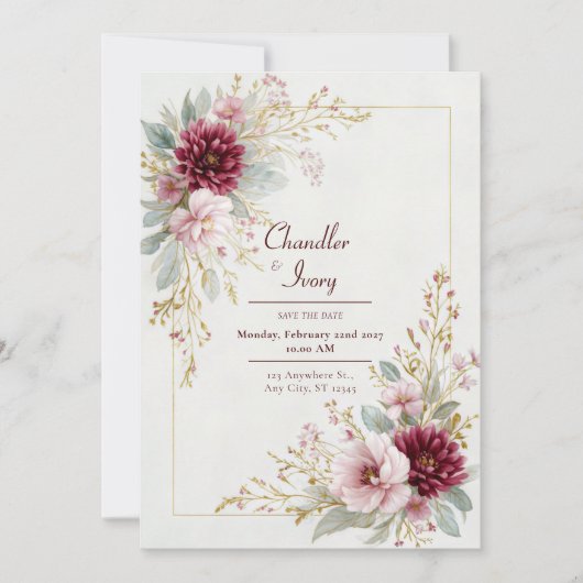 Invitation Burgundy Dahlia Pink Rose Gold Frame Wedding (Devant)