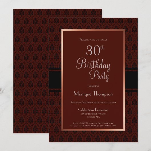 Invitation Burgundy Damask 30th Birthday Party (Devant / Derrière)