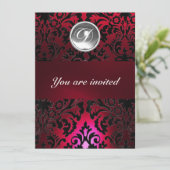 INVITATION BURGUNDY DAMASK GEMME NOIRE & ROUGE MONOGRAMME (Debout devant)