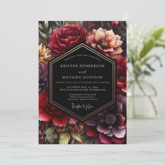Invitation Burgundy Dark Bloom Wedding (Debout devant)