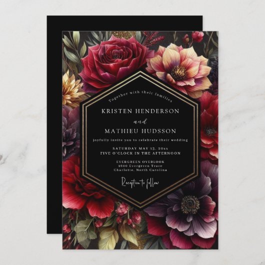 Invitation Burgundy Dark Bloom Wedding (Devant / Derrière)
