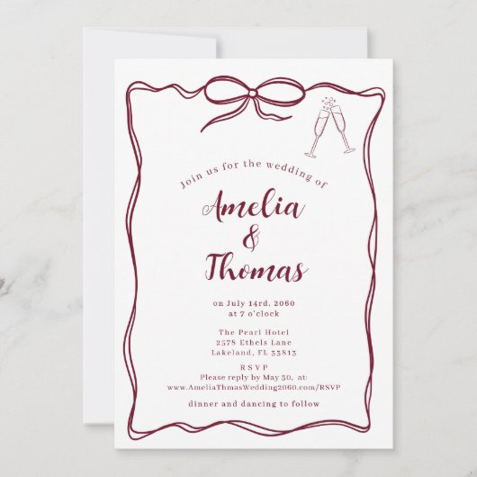 Invitation Burgundy Dessin à la main Doodle Wavy Border Bow M (Devant)