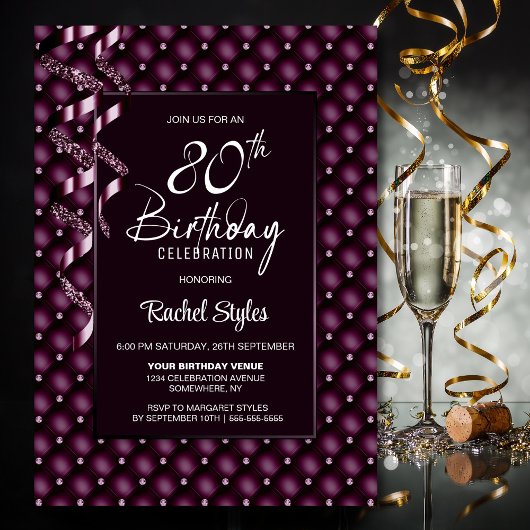 Invitation Burgundy Diamond Motif 80e fête d'anniversaire