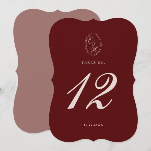 Invitation Burgundy Die-Cut Wedding Table Number (Devant / Derrière)