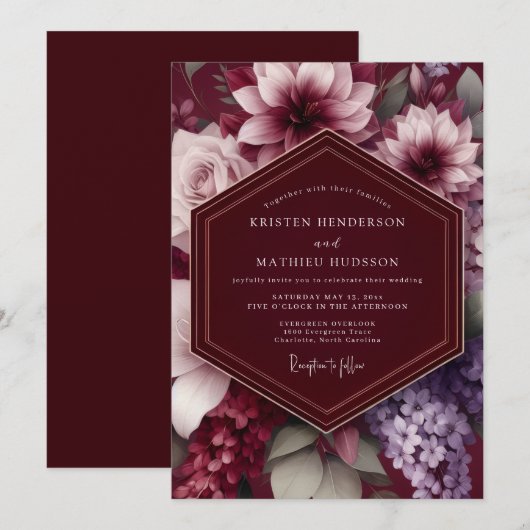 Invitation Burgundy Dramatic Botanical Wedding (Devant / Derrière)