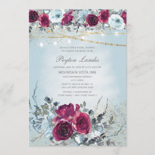 Invitation Burgundy Dusty Blue Floral Glitter Fête de Mariage