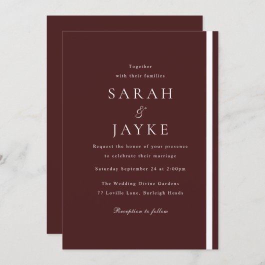 Invitation Burgundy Elegance Mariage moderne (Devant / Derrière)