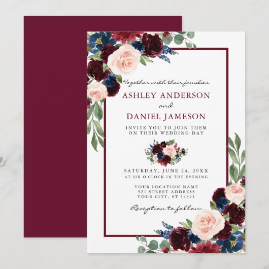 Invitation Burgundy Elegant Aquarelle Floral Mariage (Devant / Derrière)