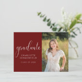 Invitation Burgundy Elegant Script Graduation Photo (Debout devant)