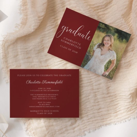 Invitation Burgundy Elegant Script Graduation Photo