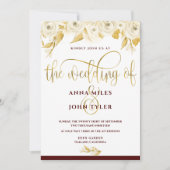 Invitation Burgundy Élégante Typographie Or Roses Blanches Or (Devant)