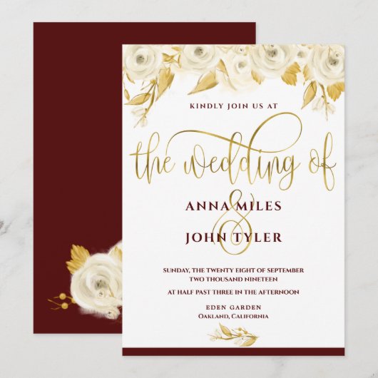 Invitation Burgundy Élégante Typographie Or Roses Blanches Or (Devant / Derrière)