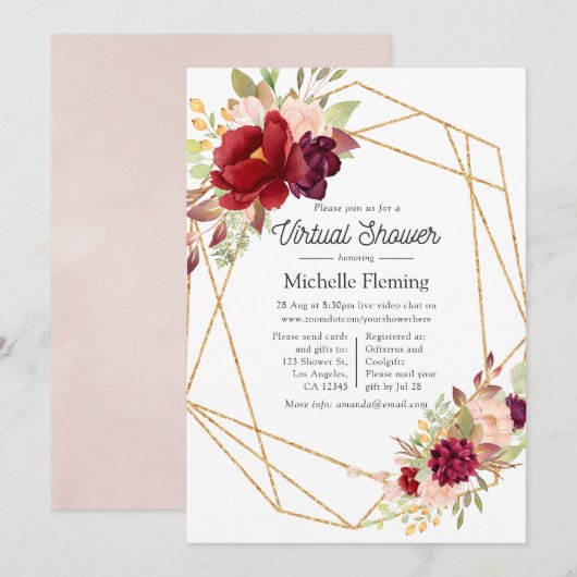 Invitation Burgundy et Blush Boho Géométrique Virtuelle Douch (Devant / Derrière)
