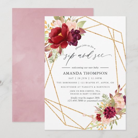Invitation Burgundy et Blush Boho Sip géométrique Voir (Devant / Derrière)