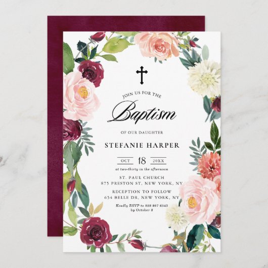 Invitation Burgundy et Blush Floral Wreath Fall Baptiser (Devant / Derrière)