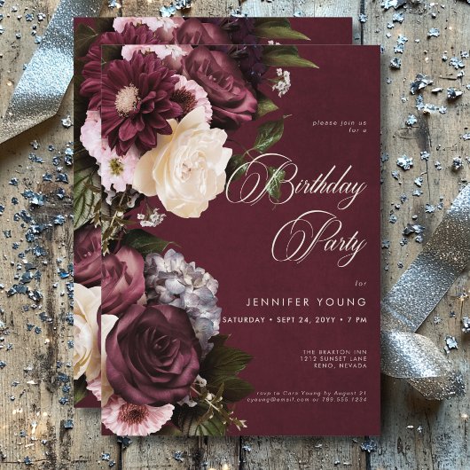 Invitation Burgundy et Crème Fleur Fête