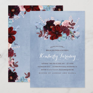 Invitation Burgundy et Dusty Blue Floral Fête des mariées