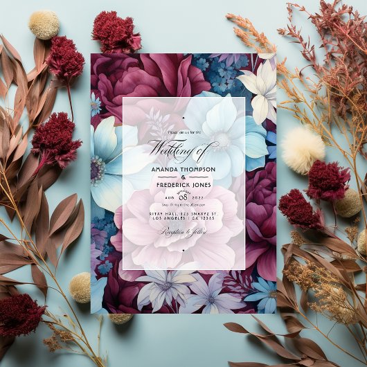 Invitation Burgundy et Dusty Blue Floral Mariage