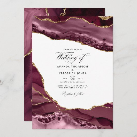 Invitation Burgundy et Gold Agate Mariage Photo (Devant / Derrière)