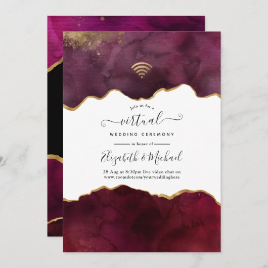 Invitation Burgundy et Gold Agate Mariage virtuel (Devant / Derrière)
