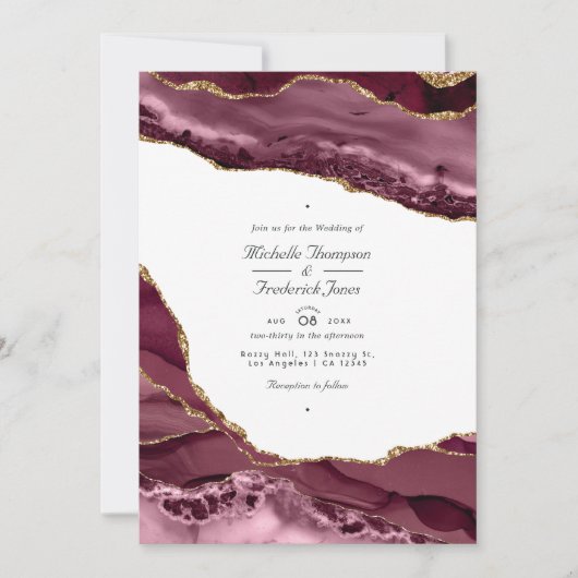 Invitation Burgundy et Gold Agate QR Code RSVP Mariage (Devant)
