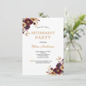 Invitation Burgundy et Gold Floral Elegant Retraite Party (Debout devant)