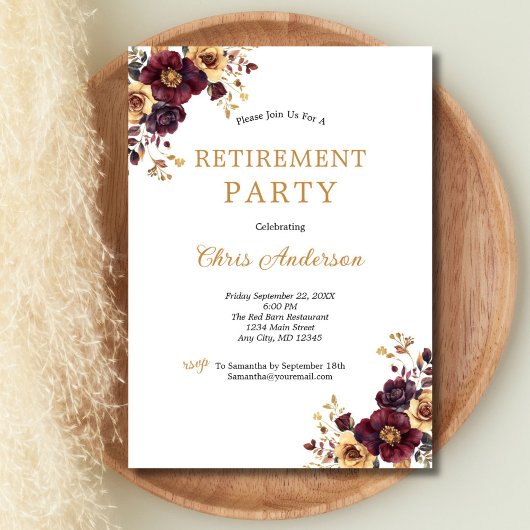 Invitation Burgundy et Gold Floral Elegant Retraite Party