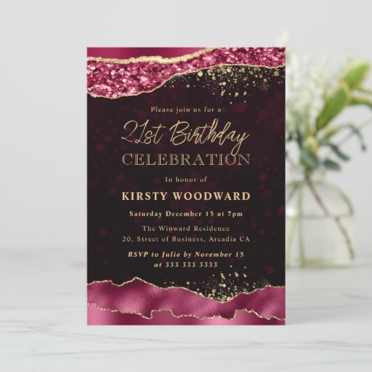 Invitation Burgundy et Gold Glam Tears Edge 21e anniversaire (Debout devant)