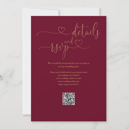 Invitation Burgundy Et Gold Heart Script QR Code Mariage (Dos)