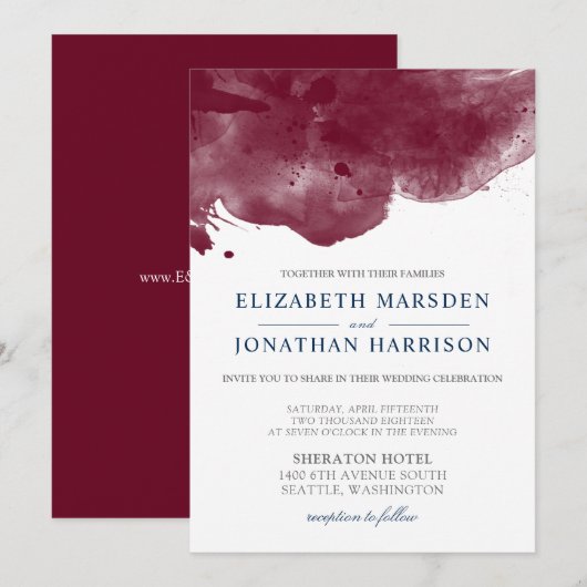 Invitation Burgundy et marine Aquarelle Mariage moderne (Devant / Derrière)