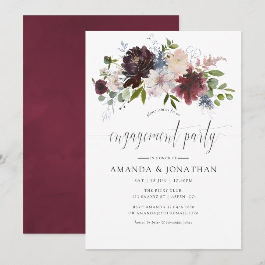 Invitation Burgundy et Navy Floral Engagement Party (Devant / Derrière)