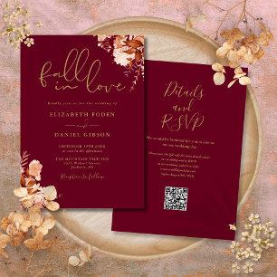 Invitation Burgundy Et Or Rustique Floral QR Code Mariage