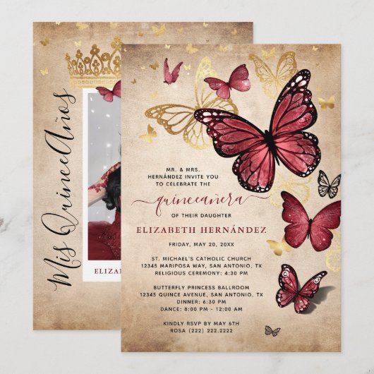 Invitation Burgundy et Papillon d'or Quinceanera Anniversaire (Devant / Derrière)