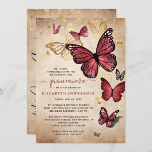 Invitation Burgundy et Papillon d'or Quinceanera Anniversaire