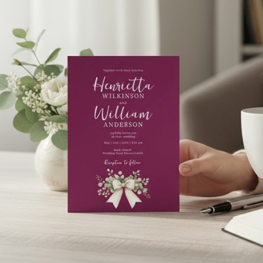 Invitation Burgundy Eucalyptus Bow all in one Wedding 