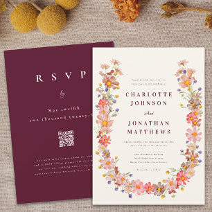 Invitation Burgundy Fall Boho Rustique Floral QR Code Mariage