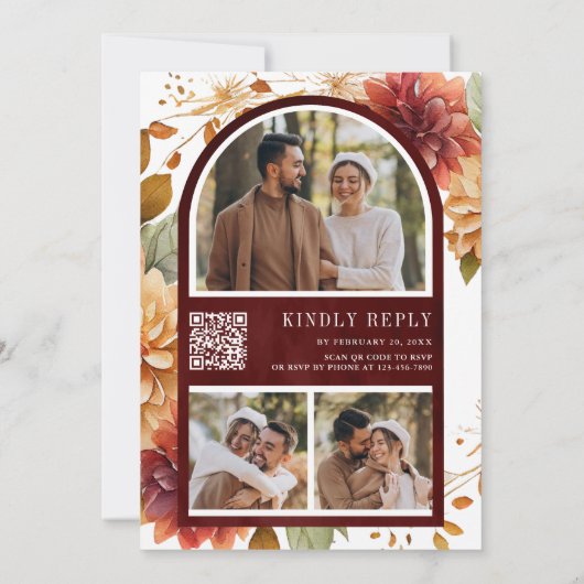Invitation Burgundy Fall Dahlia Mason Jar QR Code Mariage (Dos)