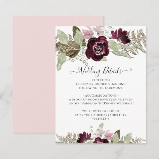 Invitation Burgundy Fall Floral Elegant Blush Mariage Détails (Devant / Derrière)