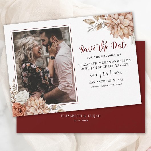 Invitation Burgundy Fall Floral Photo Wedding Enregistrer la