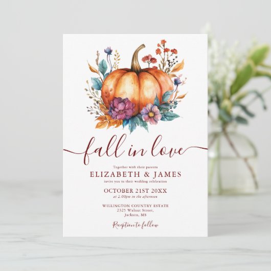 Invitation Burgundy Fall In Love Citrouille QR Code Mariage (Debout devant)