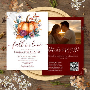 Invitation Burgundy Fall In Love Pumpkin Photo QR Mariage