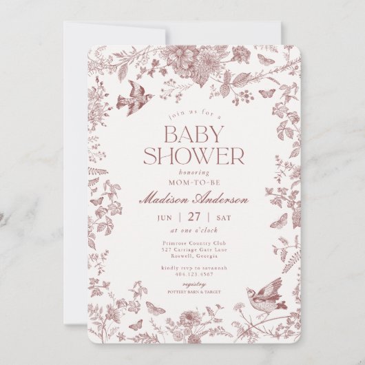 Invitation Burgundy Fall Toile De Jouy Baby shower Floral (Devant)