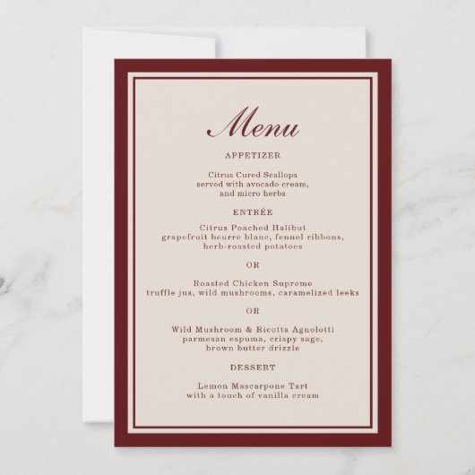 Invitation Burgundy Fall Wedding Menu Card (Devant)