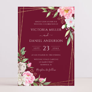 Invitation Burgundy Fleurs Aquarelle Géométrique Or Mariage