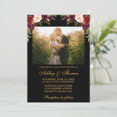 Invitation Burgundy Floral Black Gold Mariage Photo (Debout devant)