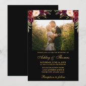 Invitation Burgundy Floral Black Gold Mariage Photo (Devant / Derrière)