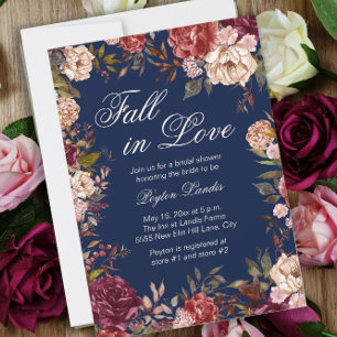 Invitation Burgundy Floral Bleu Chute en Amour Fête des marié